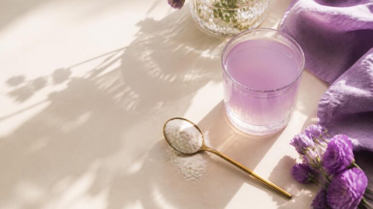 Copo com bebida de colágeno ao lado de flores de lavanda e tecido lilás