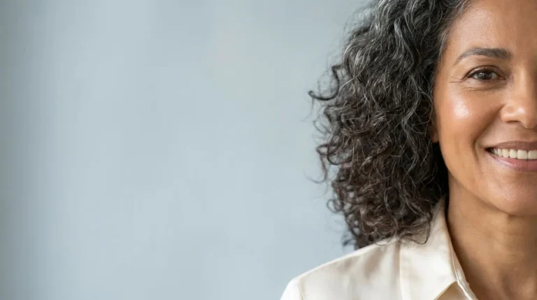 Mulher madura com barreira cutanea saudavel e pele protegida