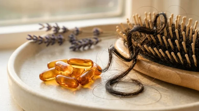 Capsulas ao lado de uma escova de cabelo com fios e ramos de lavanda, evocando a queda de cabelo