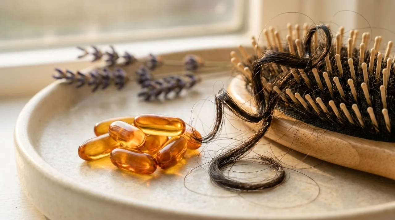 Capsulas ao lado de uma escova de cabelo com fios e ramos de lavanda, evocando a queda de cabelo