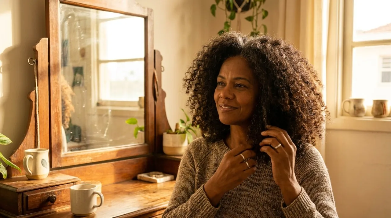 Mulher negra madura de cabelo crespo saudavel cuidando dos fios diante do espelho