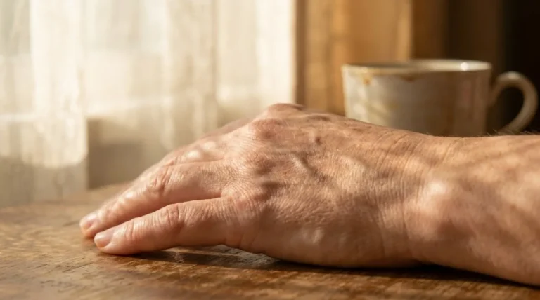 Mao de mulher madura com manchas solares sutis no dorso, sobre a mesa com luz suave da manha