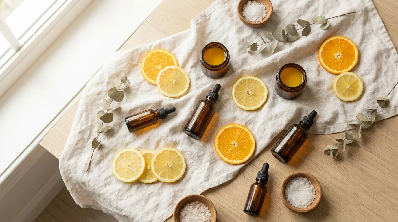 Oleos essenciais citricos com laranja e limao perto da luz da janela