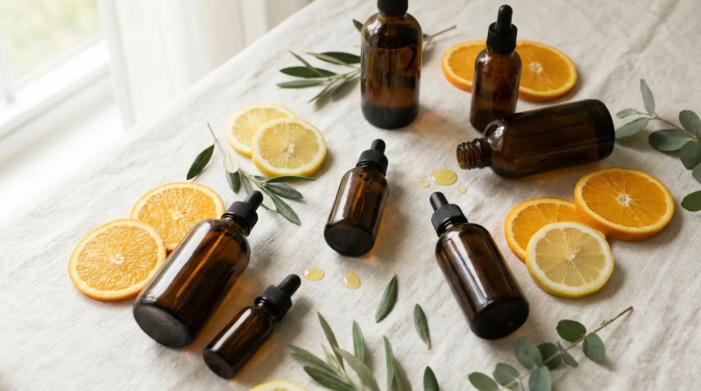 Flat lay de oleos citricos e frutas