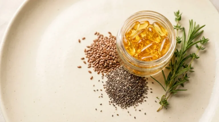 Capsulas de omega 3 em oleo dourado ao lado de sementes de linhaca e chia sobre superficie clara
