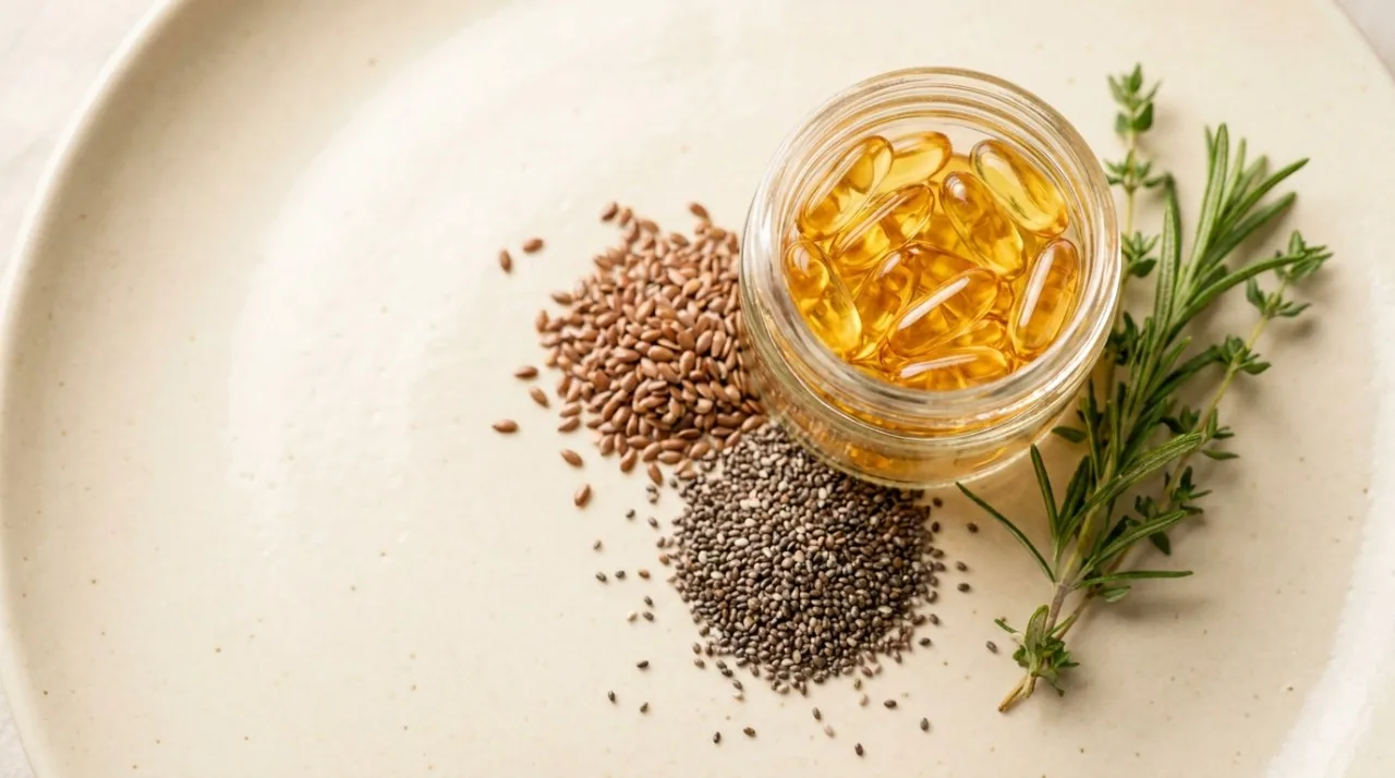 Capsulas de omega 3 em oleo dourado ao lado de sementes de linhaca e chia sobre superficie clara