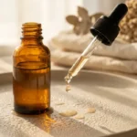 Frasco de vidro ambar com conta-gotas de serum de retinol sobre superficie clara com luz dourada