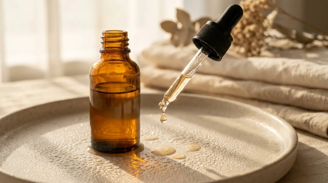 Frasco de vidro ambar com conta-gotas de serum de retinol sobre superficie clara com luz dourada