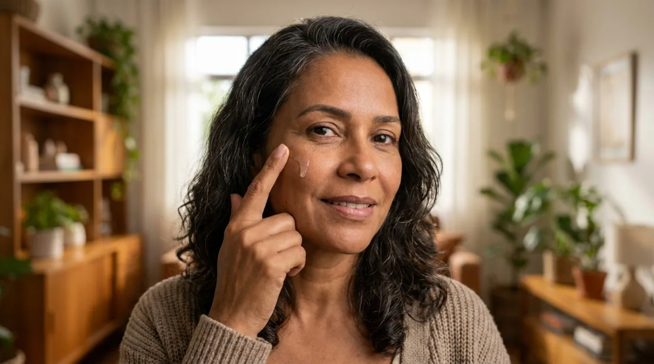 Mulher madura de pele parda aplicando serum de retinol no rosto com o dedo