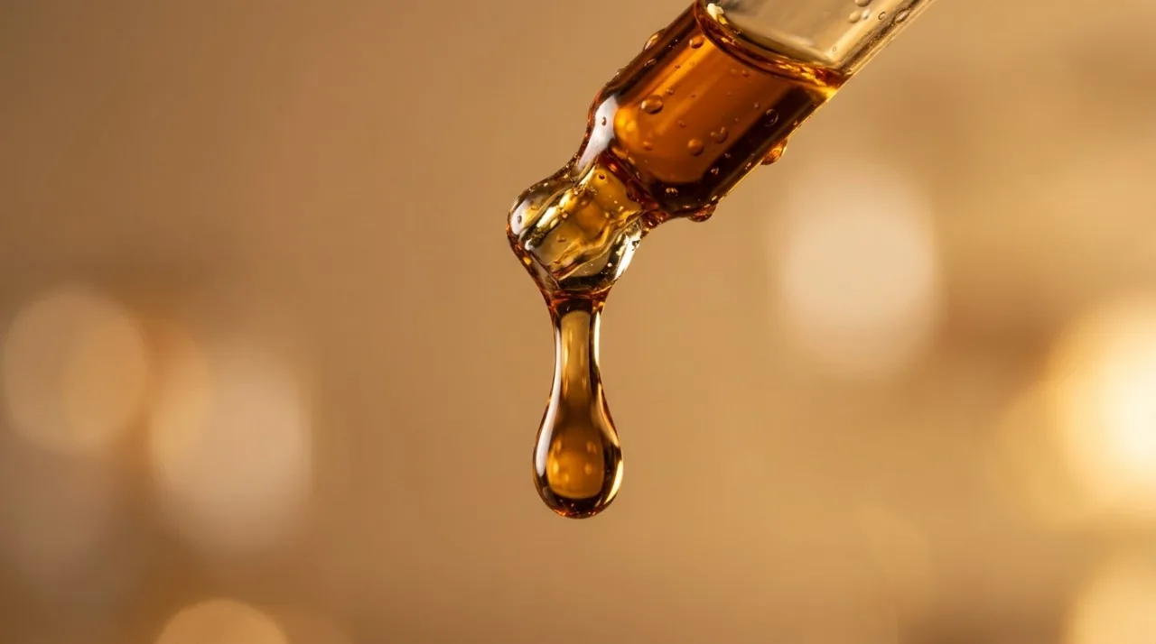 Gota de serum de retinol caindo da ponta de um conta-gotas de vidro ambar