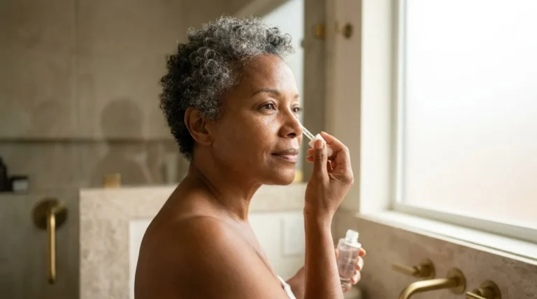 Mulher madura negra aplicando sérum no rosto, rotina de skincare depois dos 50