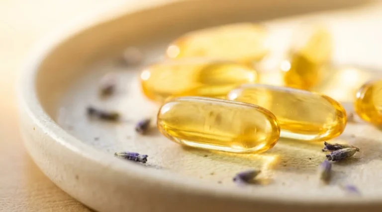 Capsulas softgel douradas de vitamina D banhadas pela luz do sol da manha, a vitamina do sol