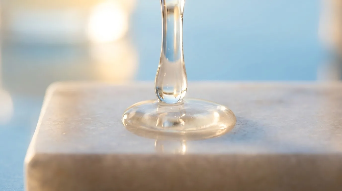 Macro de sérum transparente escorrendo sobre superfície clara