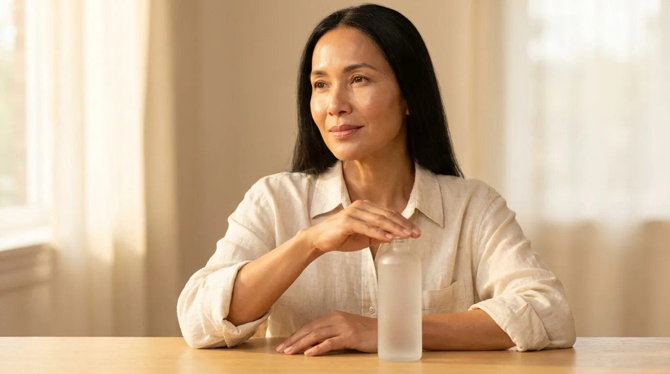 Mulher madura sentada à mesa com frasco de sérum sob luz dourada