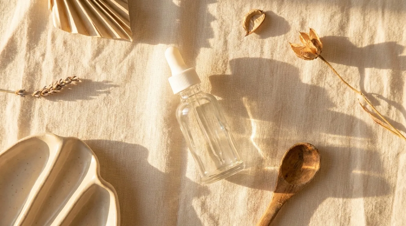 Flat-lay de frasco de sérum liso com conta-gotas em luz dourada