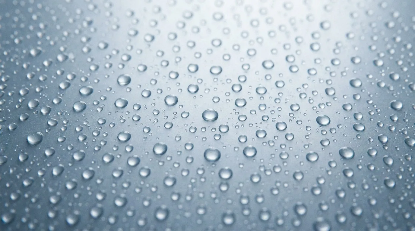 Macro de gotas de água sobre superfície lisa azul-acinzentada