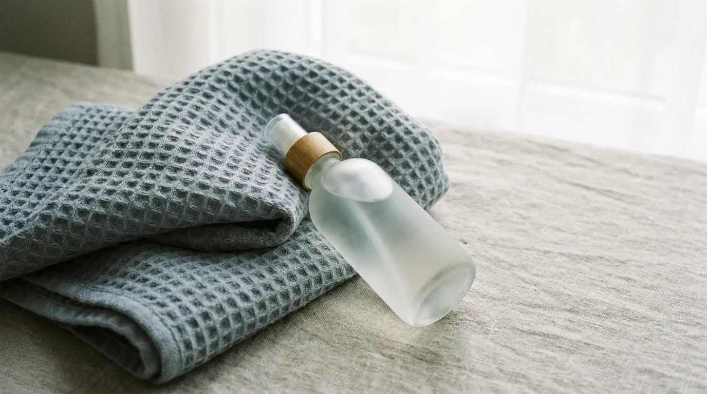 Flat-lay de frasco spray liso e toalha em tom azul-acinzentado