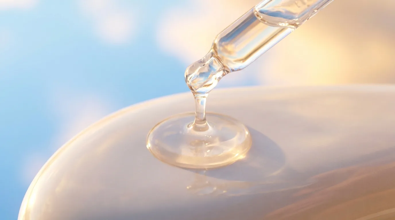 Macro de sérum transparente sobre superfície clara azul-céu