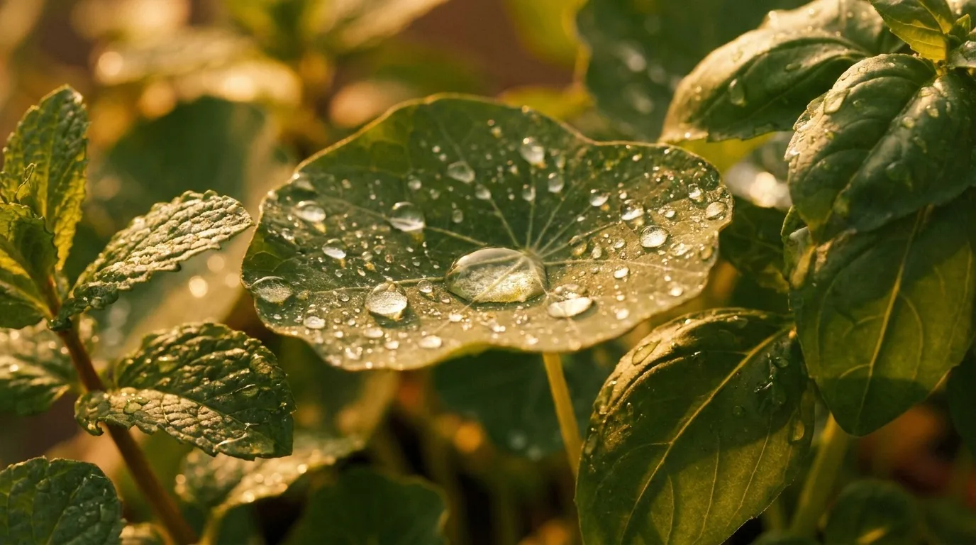 Macro de folhas verdes com gotas de óleo vegetal