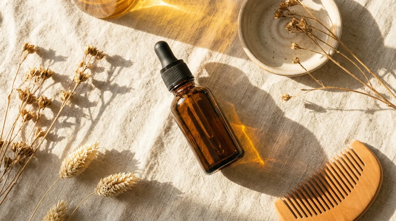 Flat-lay de frasco âmbar liso com conta-gotas sob luz dourada