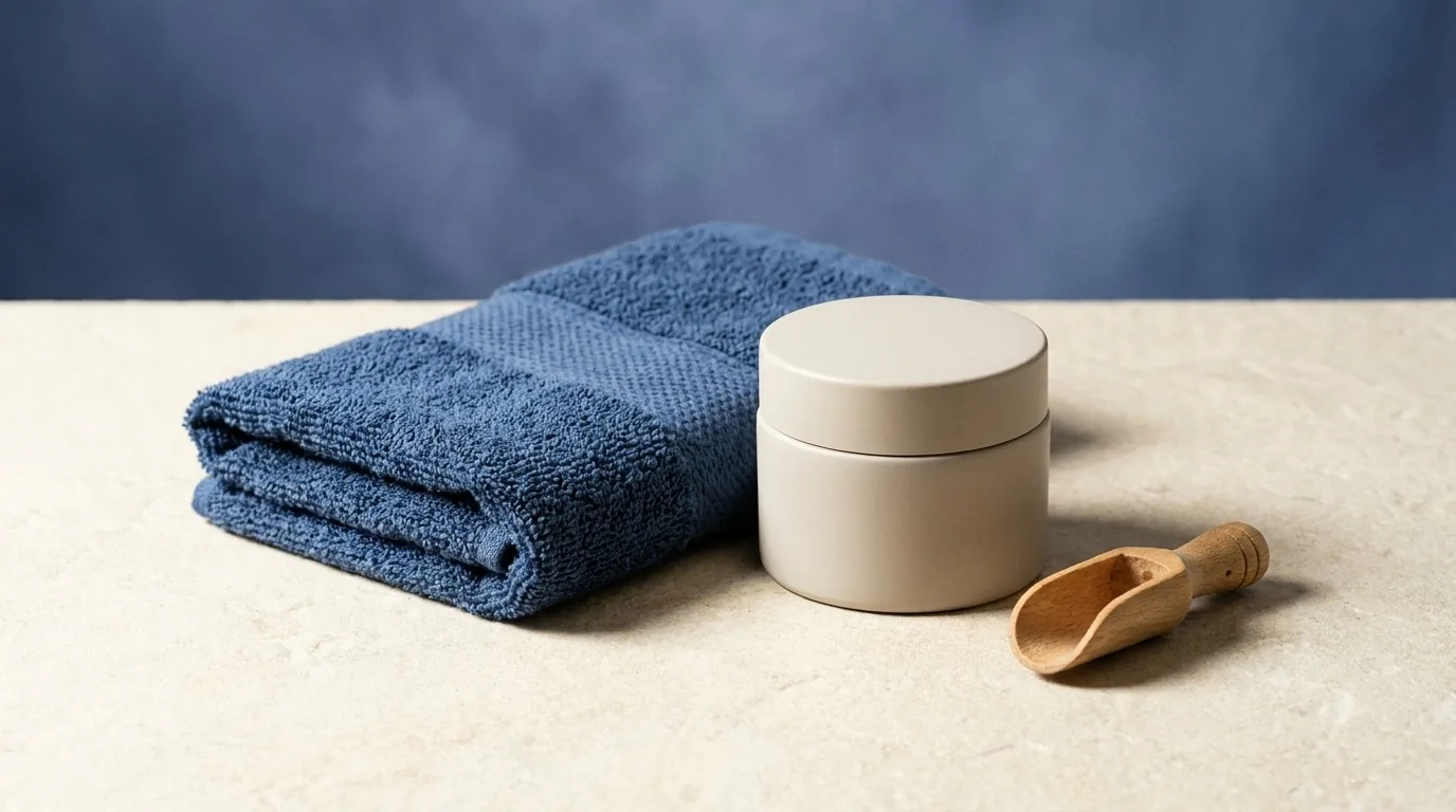Flat-lay de toalha e pote de creme corporal liso sem rótulo