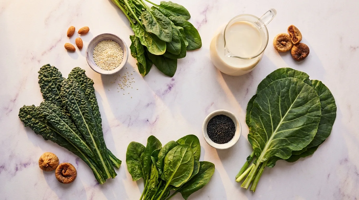 Flat-lay de fontes de cálcio como folhas verdes, gergelim e bebida vegetal