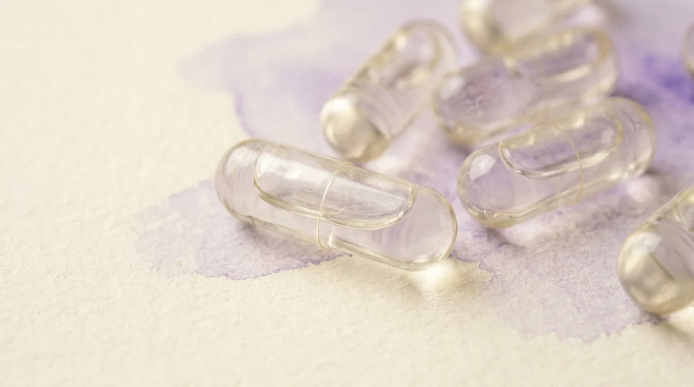 Macro de cápsulas claras sobre superfície creme com acento violeta