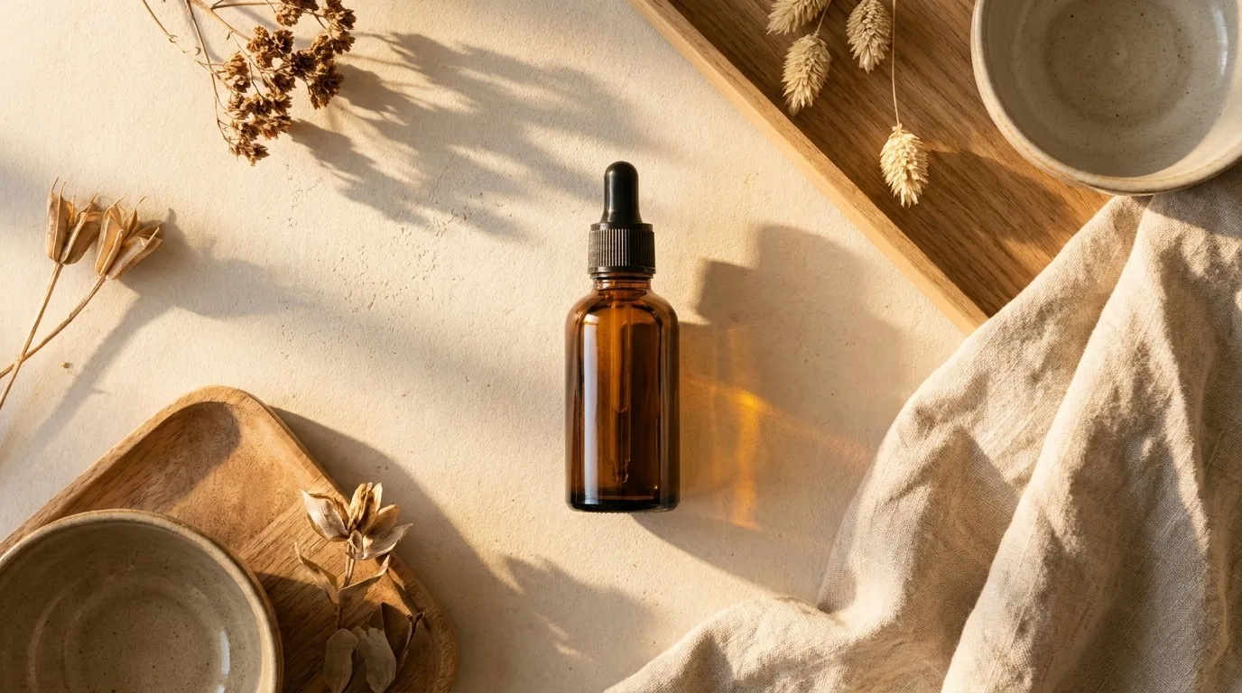 Flat-lay de frasco âmbar liso com conta-gotas em luz dourada