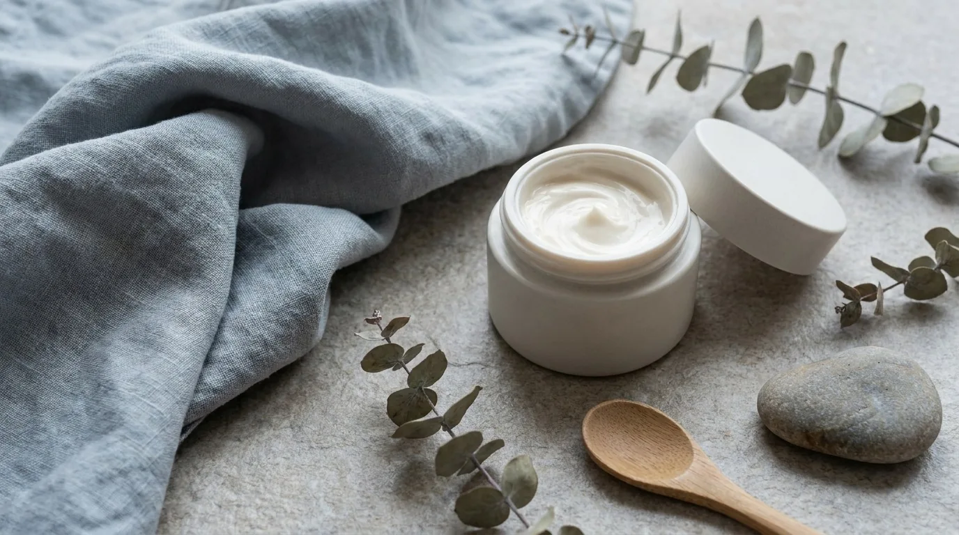 Flat-lay de pote de creme liso e toalha em tom azul-acinzentado