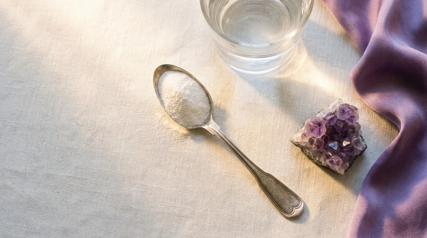Flat-lay de colher com pó branco e copo com água, acento violeta