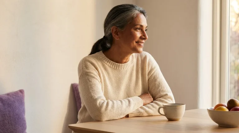 Mulher madura à mesa com acento violeta e luz dourada