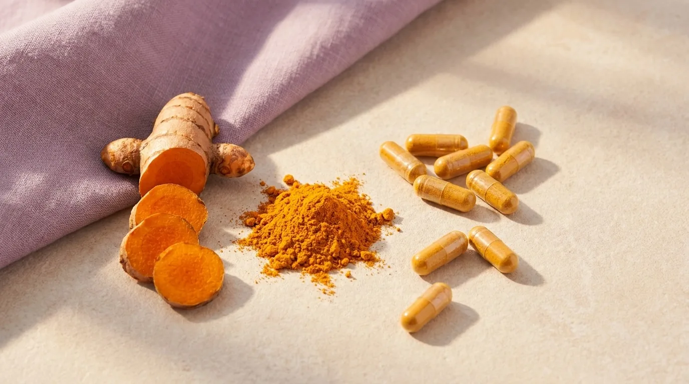 Flat-lay de raiz e pó de cúrcuma com cápsulas em acento violeta