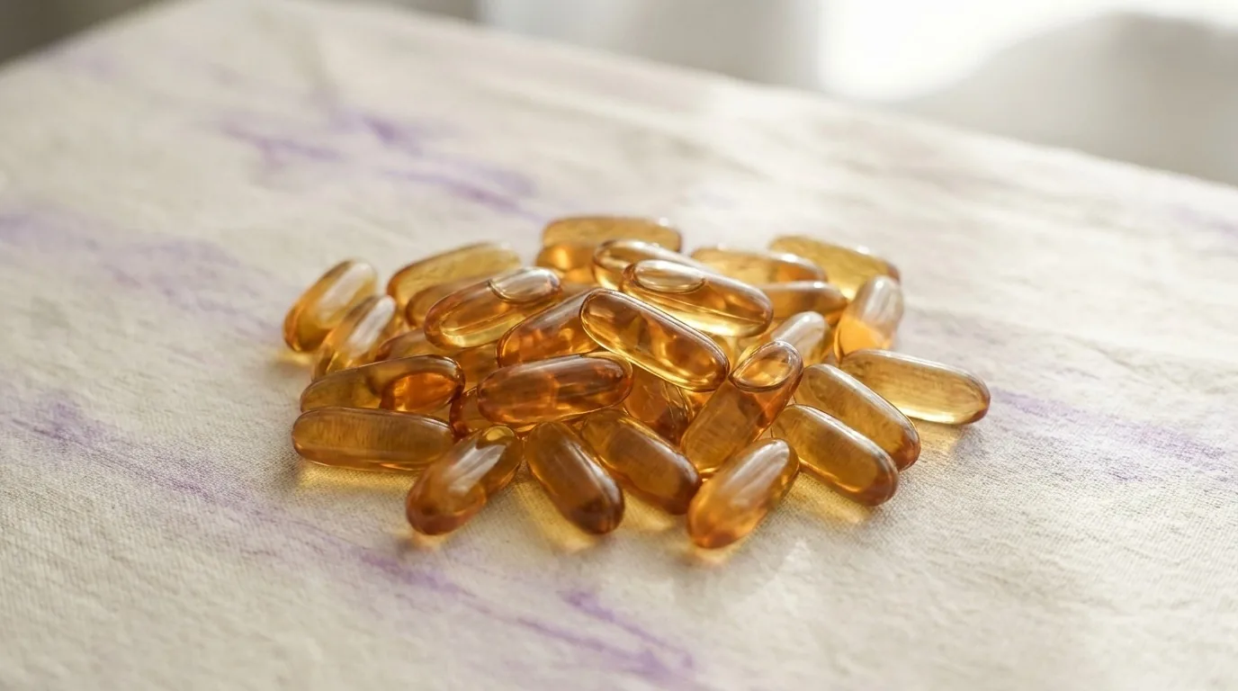 Macro de cápsulas douradas sobre superfície creme com acento violeta