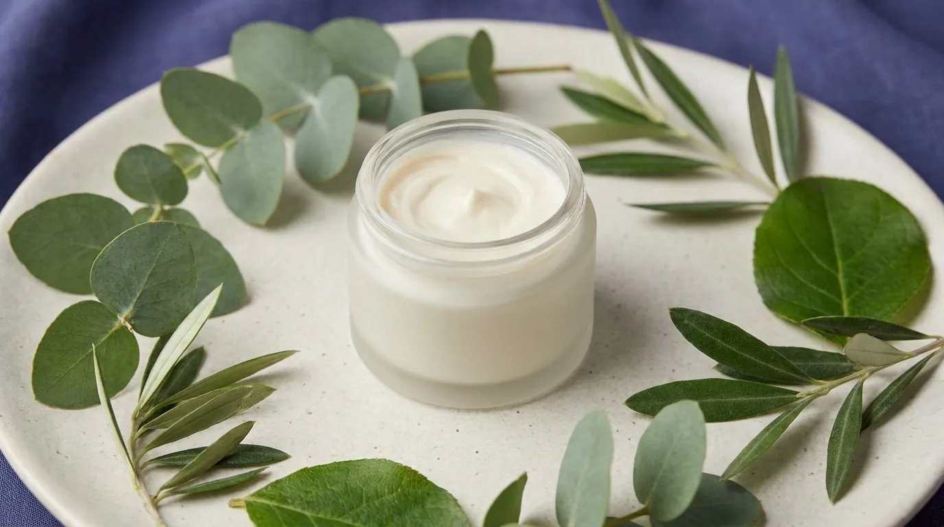 Flat-lay de pote de creme liso e folhas verdes em fundo índigo