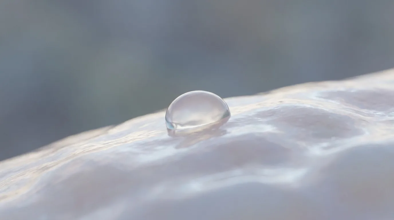 Macro de gota de água sobre superfície com aspecto de pele hidratada