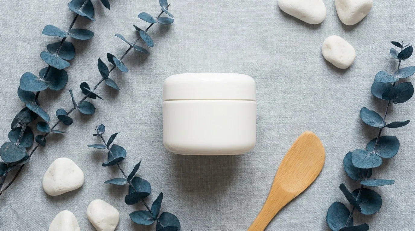 Flat-lay de pote de creme liso em tons azul-acinzentados