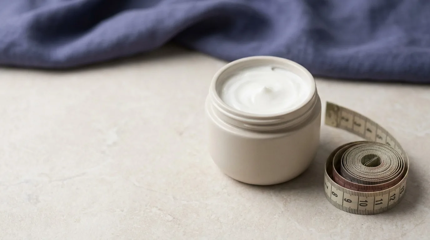 Flat-lay de creme firmador liso e fita métrica em fundo índigo