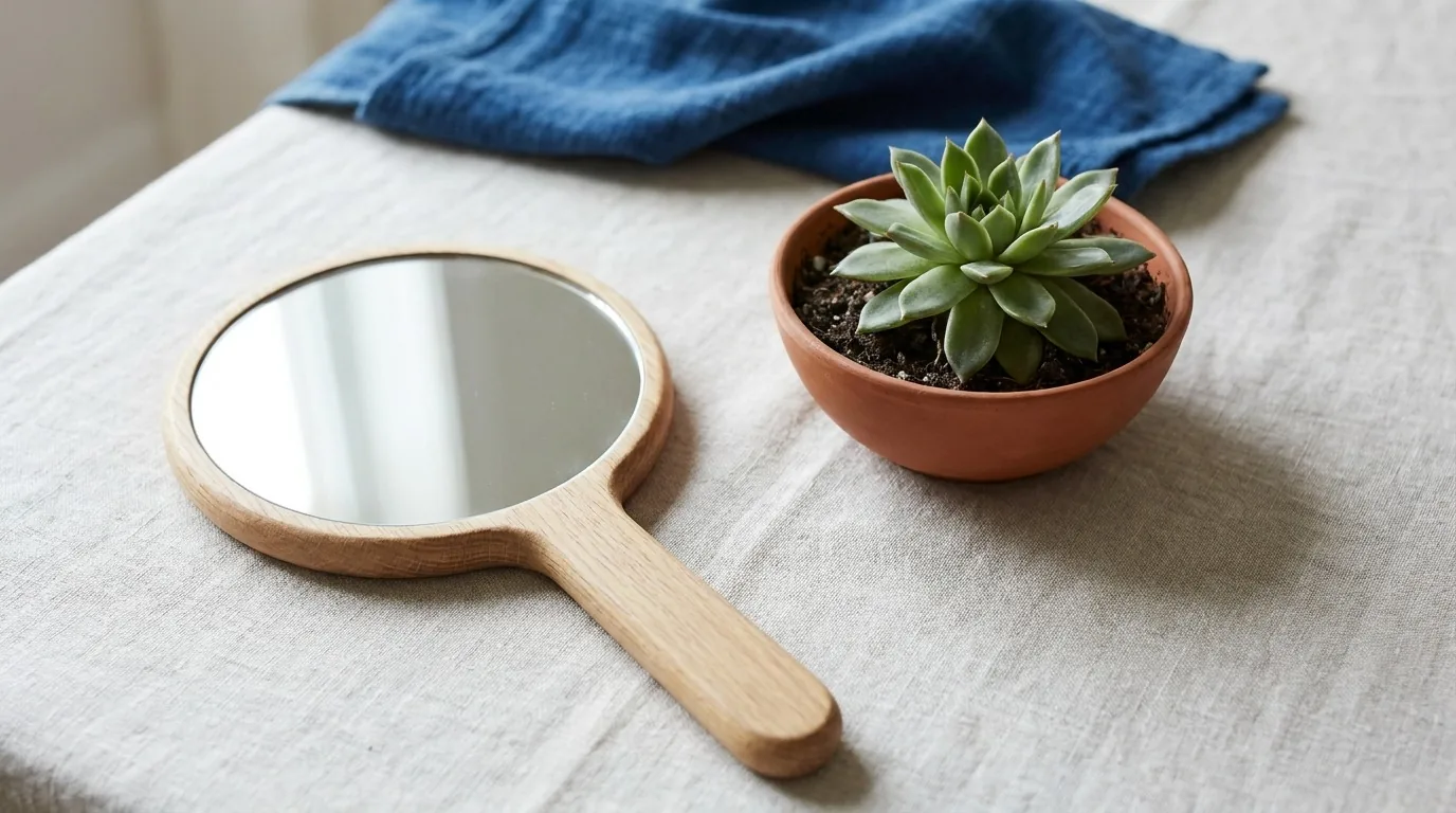 Flat-lay de espelho de mão e planta sobre superfície clara