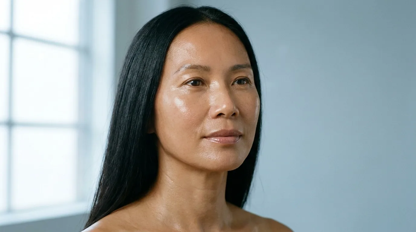 Mulher madura de pele hidratada em luz azul-acinzentada