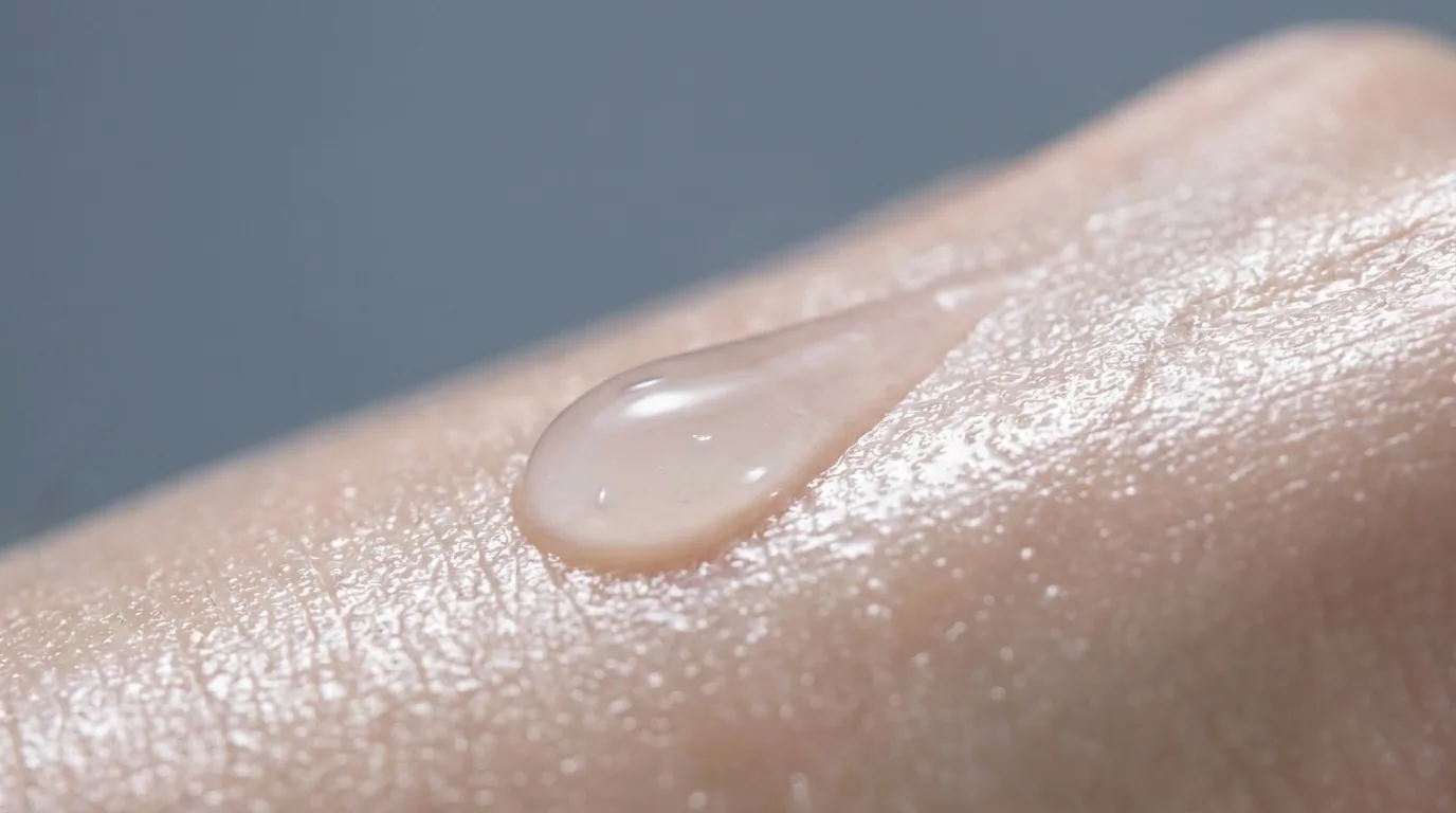 Macro de gota transparente sobre superfície com aspecto de pele hidratada