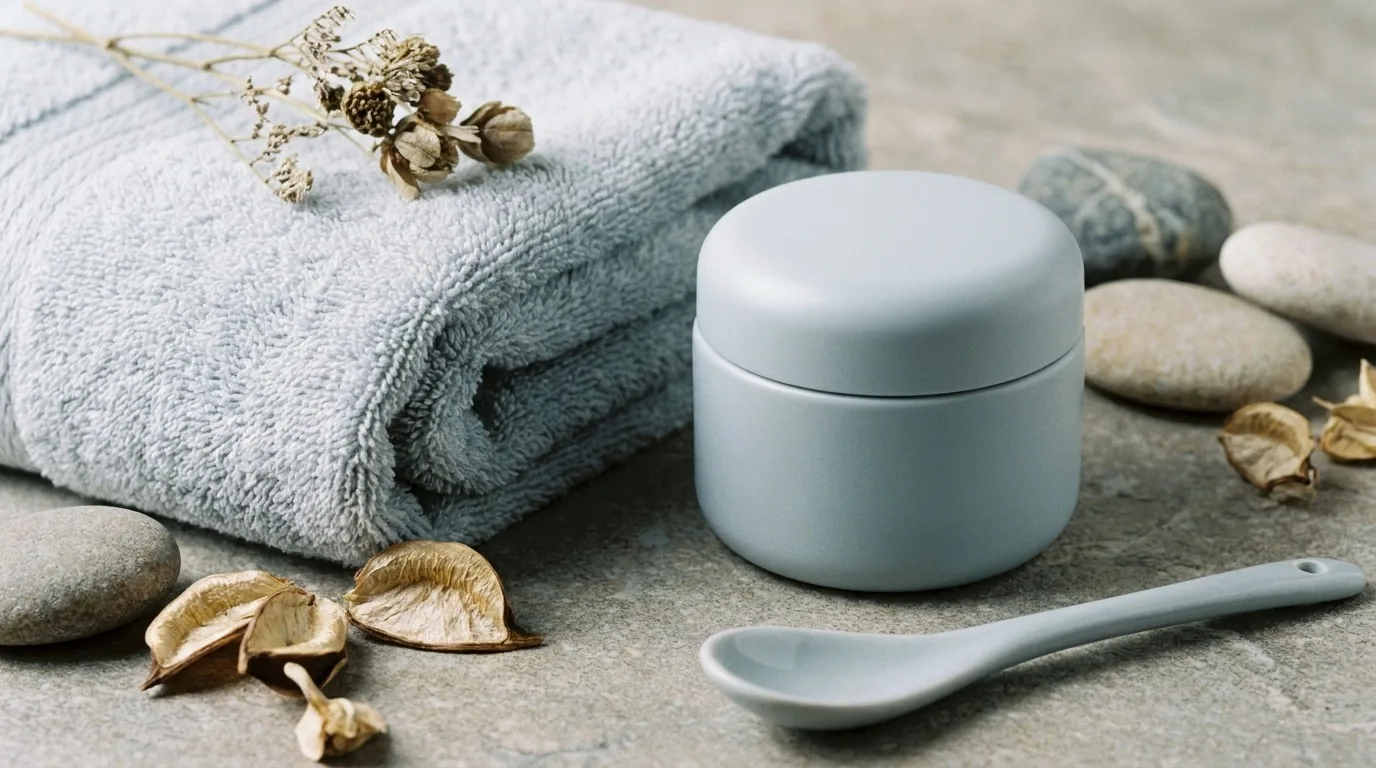 Flat-lay de pote de creme liso e toalha em tom azul-acinzentado