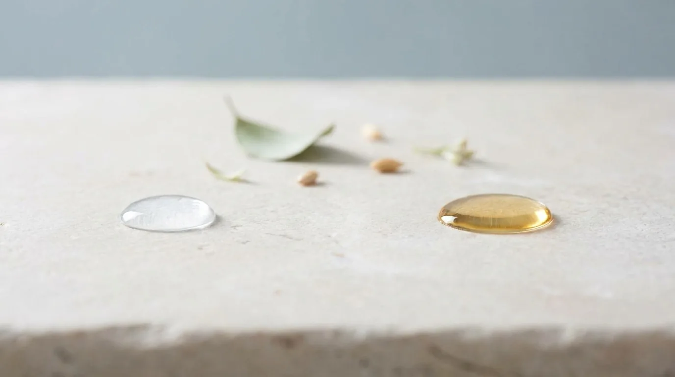 Flat-lay dividido com gota de água e gota de óleo em fundo azul-acinzentado