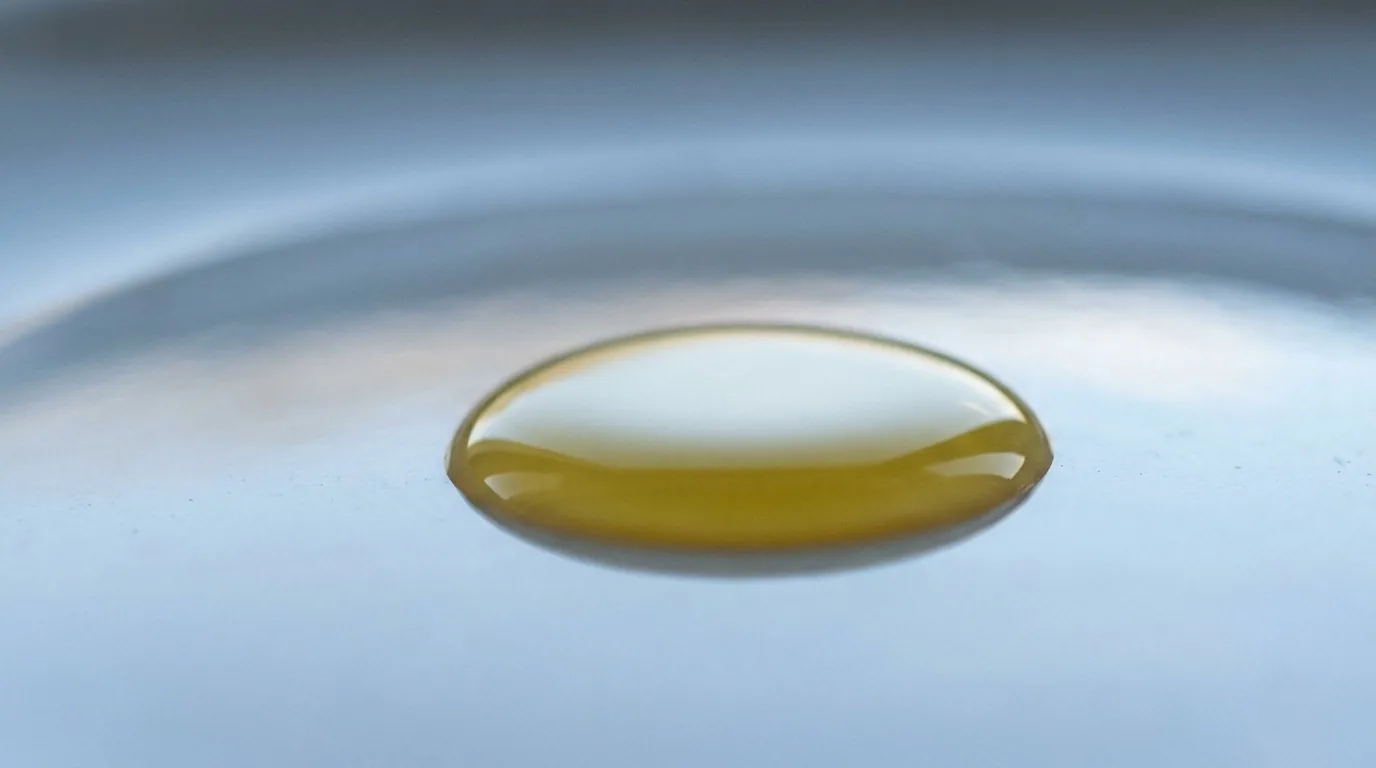 Macro de gota de óleo dourado sobre superfície clara azul-acinzentada