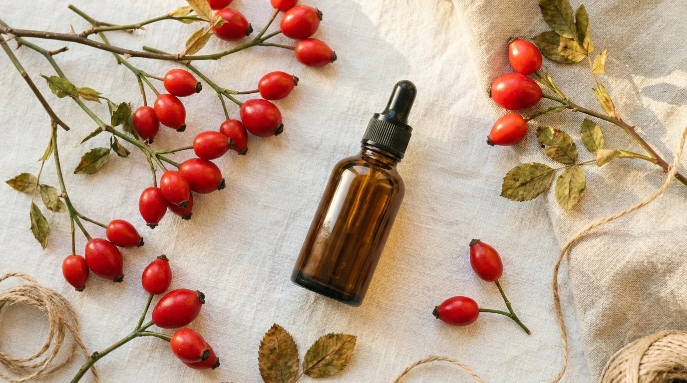 Flat-lay de frutos de rosa mosqueta com frasco âmbar