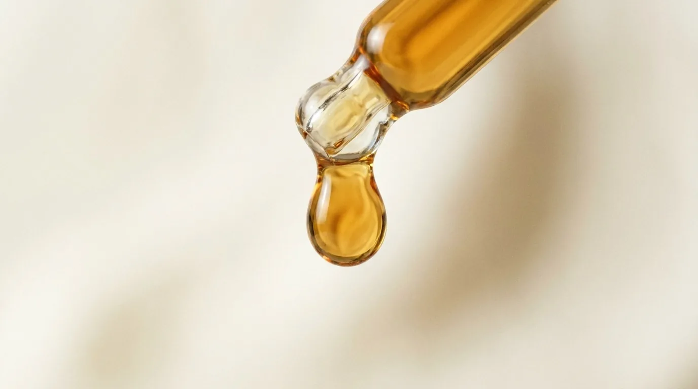 Macro de gota de óleo dourado escorrendo de conta-gotas
