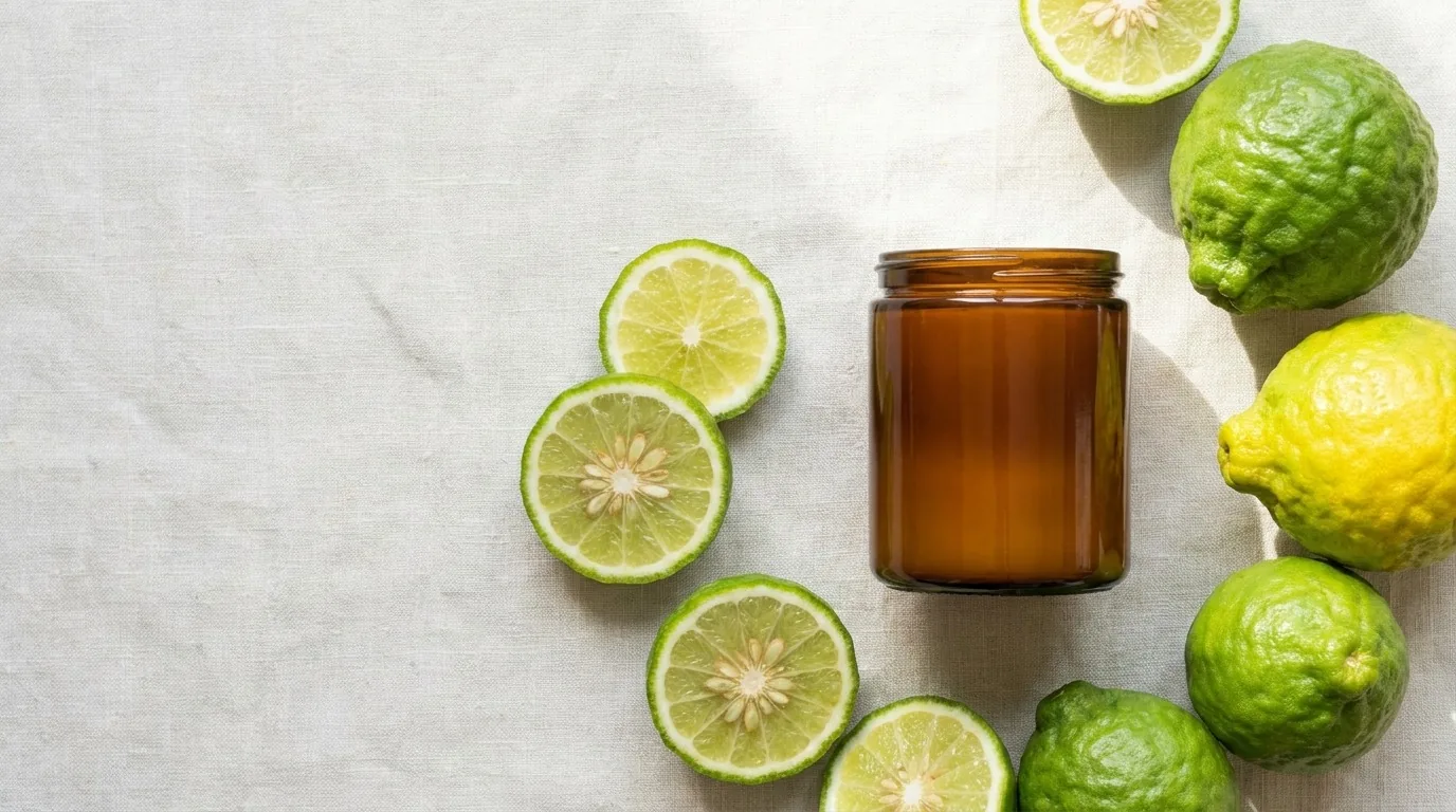 Flat-lay de bergamotas fatiadas com frasco âmbar