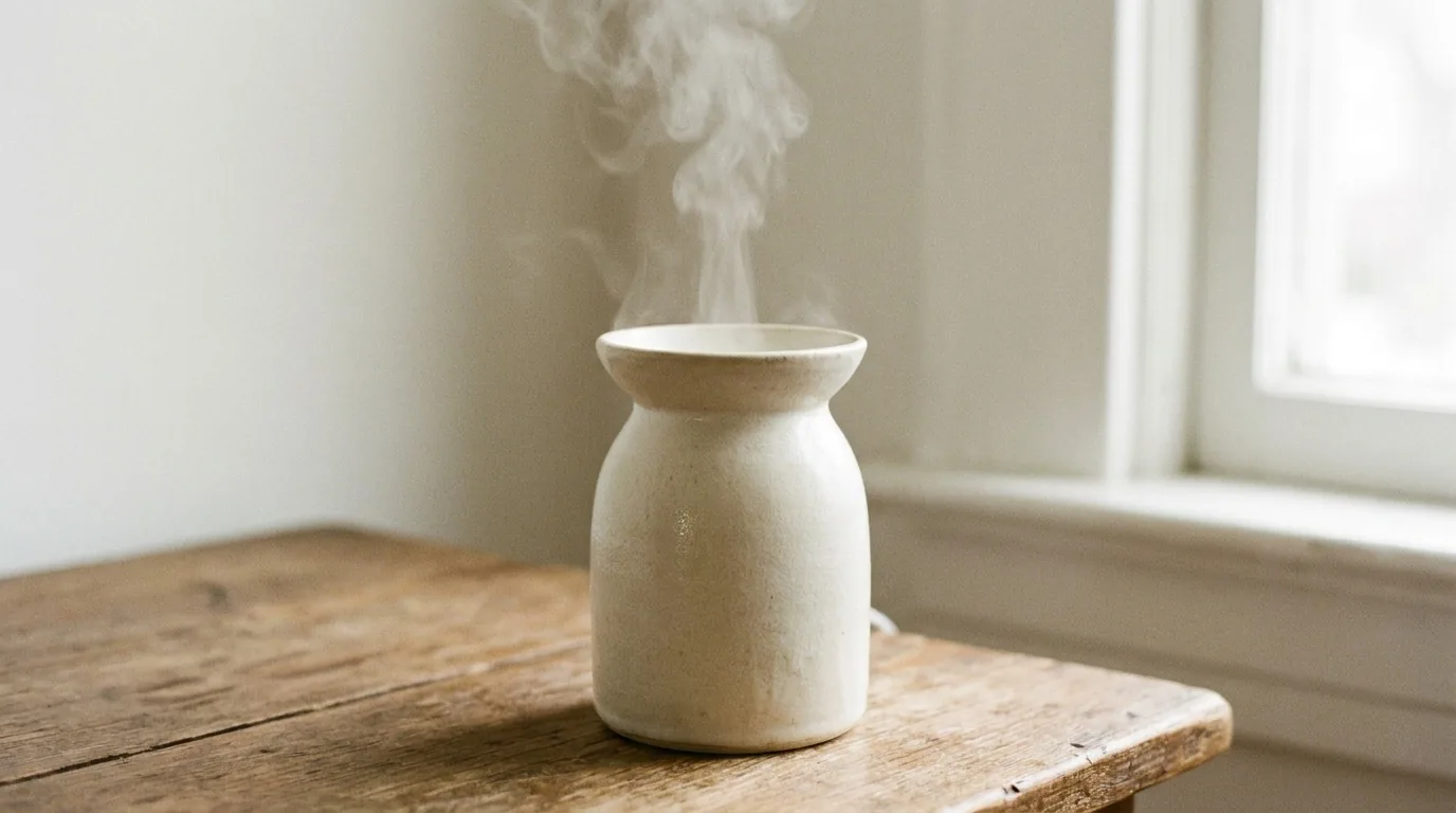 Difusor de aromas liberando vapor perto de janela clara