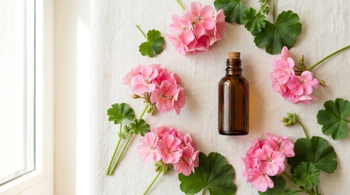 Flores de geranio e frasco de oleo essencial