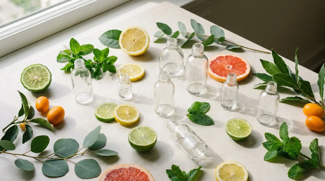 Flat-lay de frascos de vidro lisos com folhas e cítricos