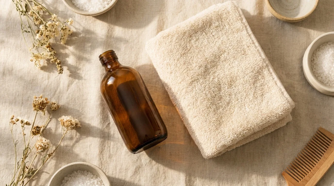 Flat-lay de frasco âmbar liso com toalha macia em luz dourada